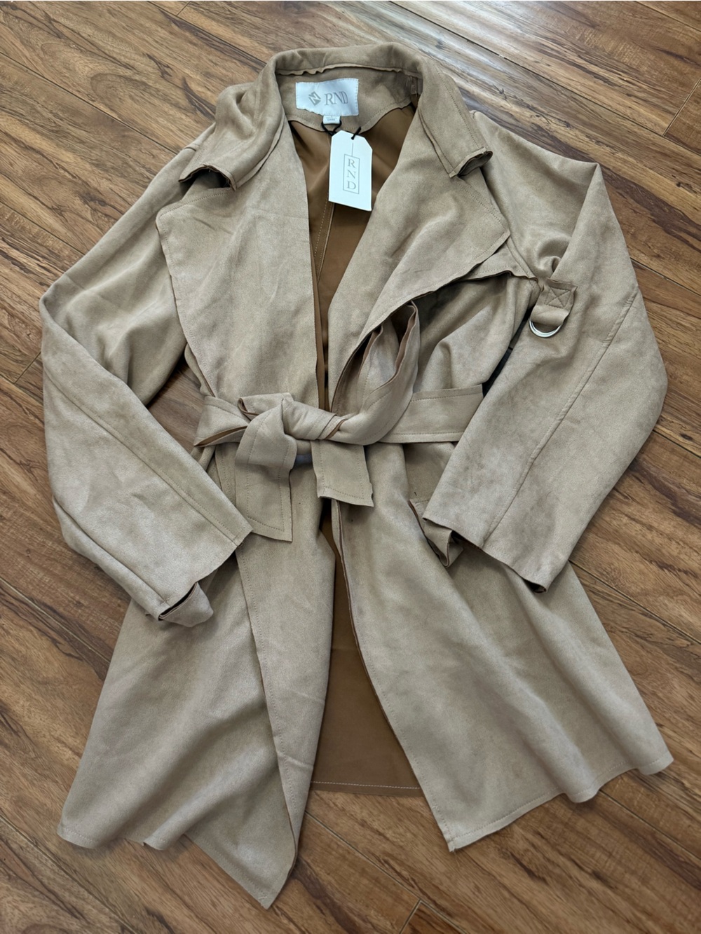 Suede-Look Tie-Waist Trench Coat